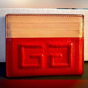GIVENCHY Paris Red & Beige G logo emblem leather card holder wallet W/serial